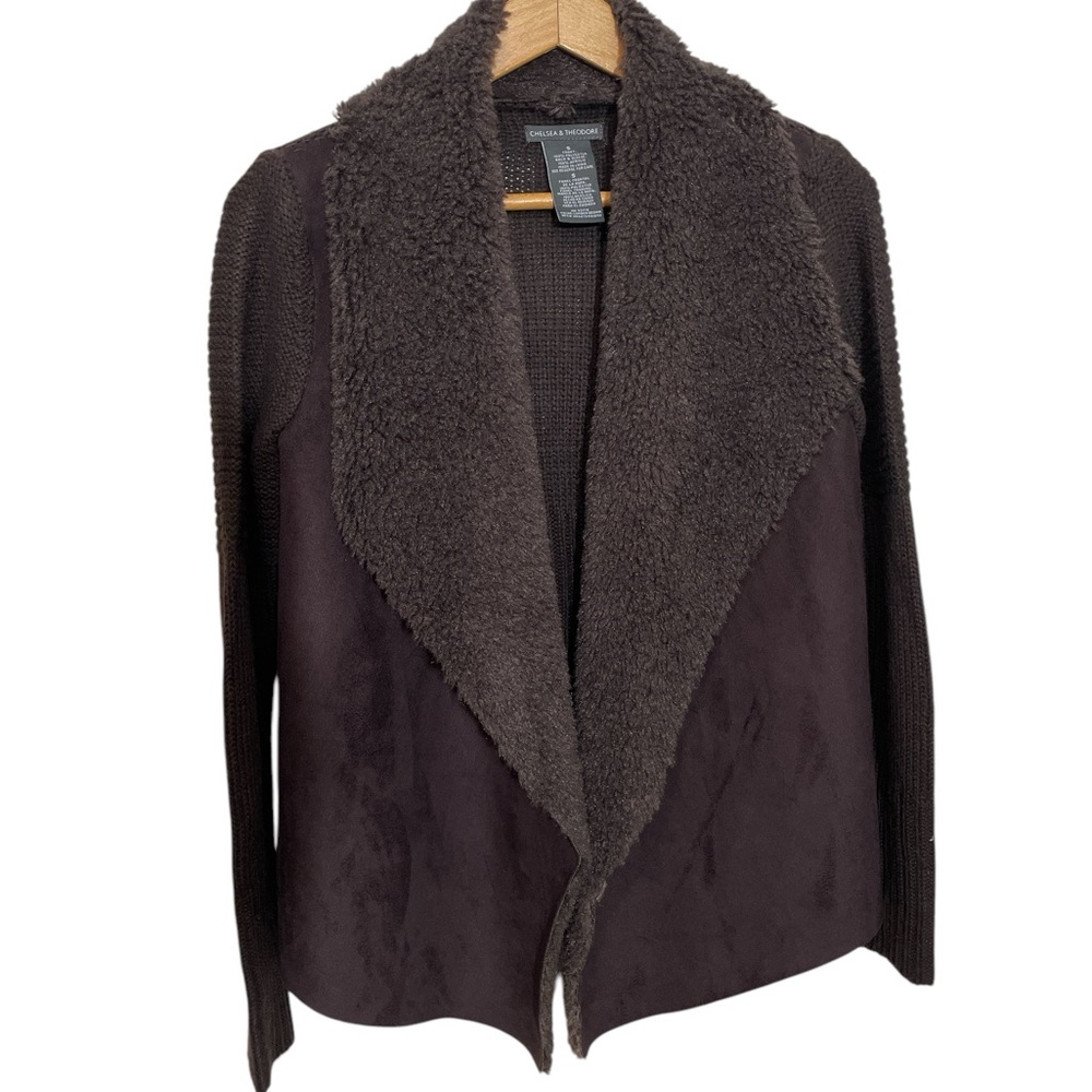 CC1- Brown sweater sleeve suede cardigan faux fur Small Sm